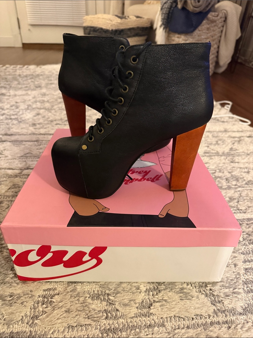 Jeffrey Campbell Black Lace-Up Platform Ankle Boots with Brown Heel